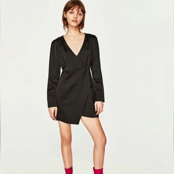 Zara Satin Effect Lace Up Wrap Asymmetrical Dress - Picture 1 of 8